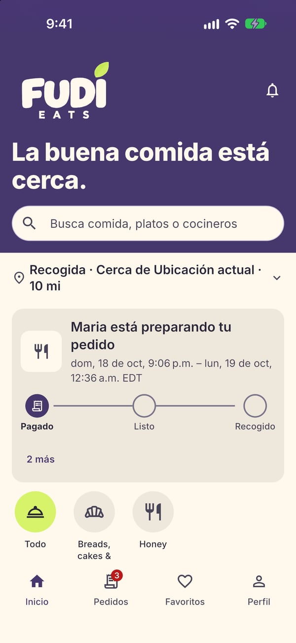 La pantalla de inicio de la app Fudi Eats: búsqueda, recogida cerca de ti y un pedido que Maria está preparando.