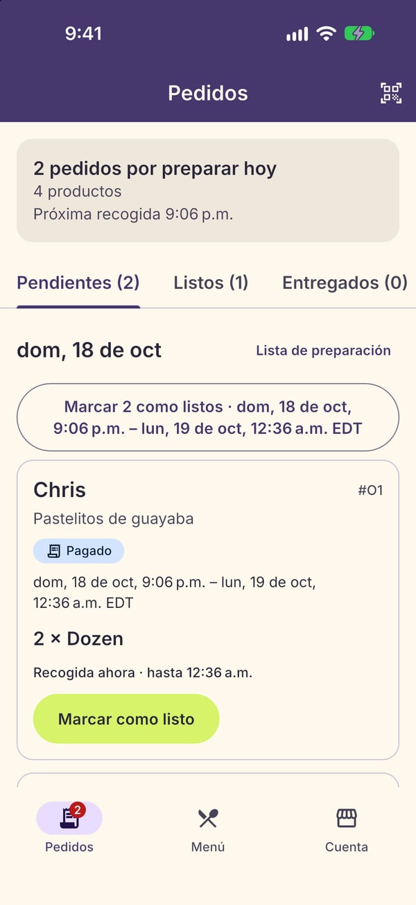 La pantalla de pedidos del vendedor en la app Fudi Eats: dos pedidos por preparar hoy, cada uno con un botón para marcarlo como listo.