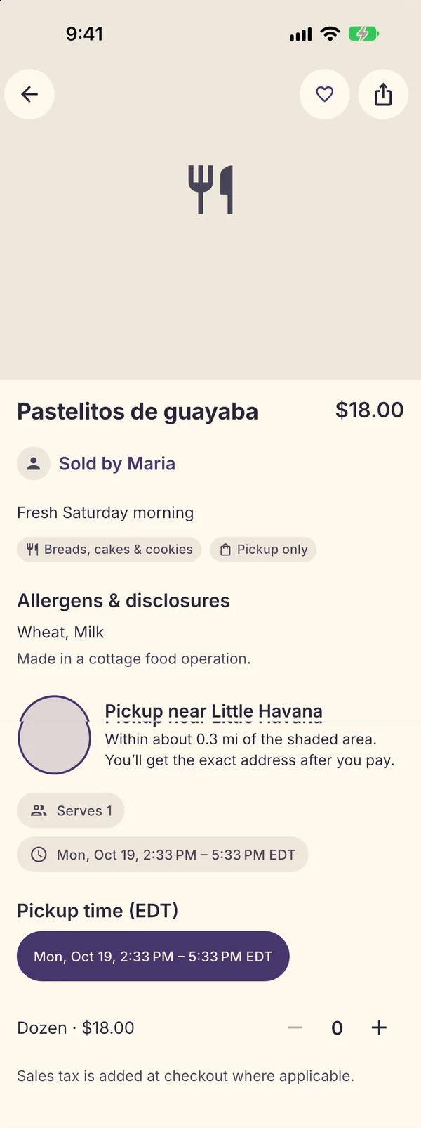 A dish in Fudi Eats: Pastelitos de guayaba by Maria, $18, with allergens, the pickup area and pickup times.