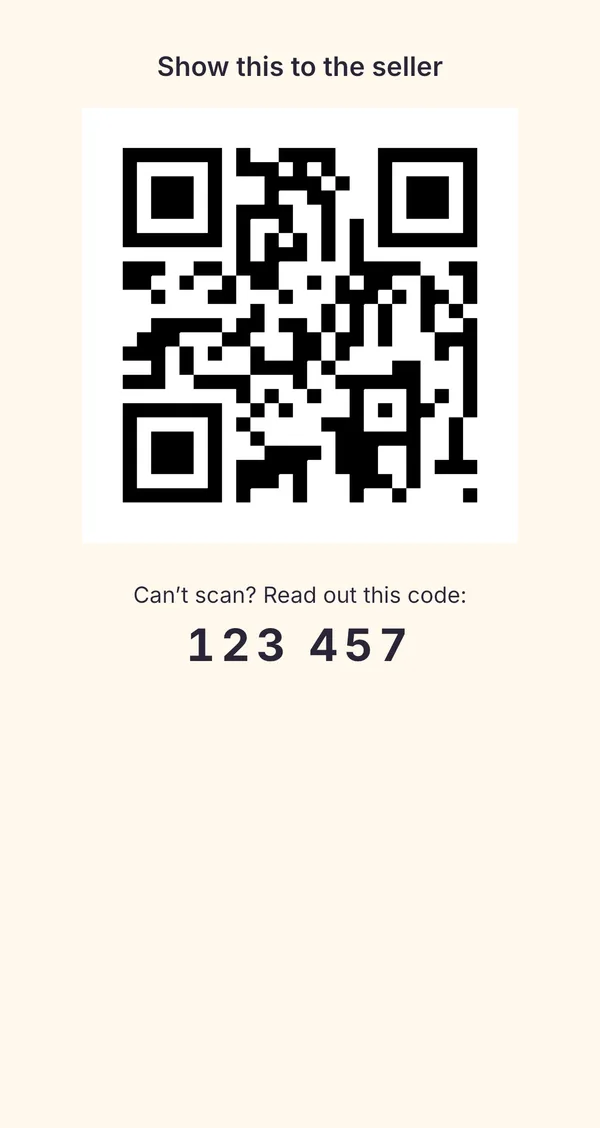 The pickup code screen: a QR code to show the seller, and a six-digit code to read out.